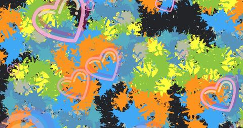 Vibrant Hearts and Colorful Splashes on Black Background