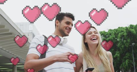 Romantic Couple Surrounded by Pixel Hearts