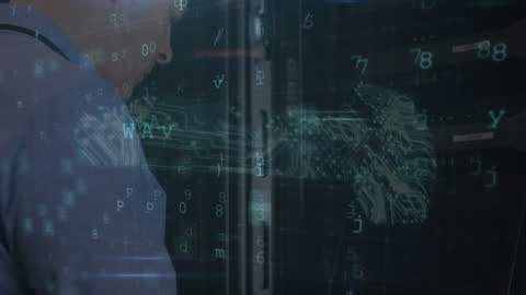 Digital Data Processing in Server Room with Tech Overlay