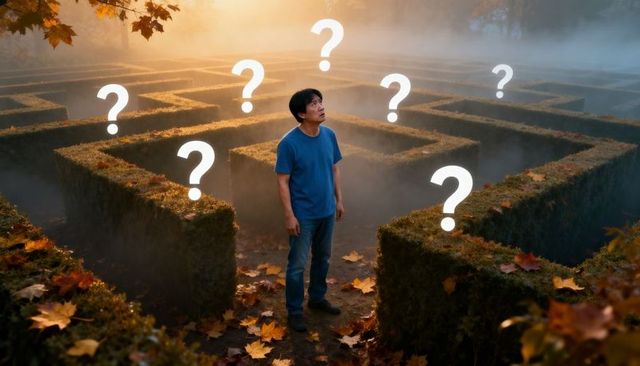 Confused Asian Man Standing in Foggy Fall Hedge Maze Surrounded by Floating Question Marks