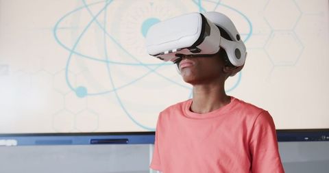 Boy Exploring Science with Virtual Reality Headset in Classroom