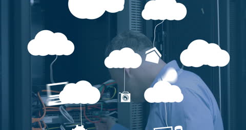 Technician Analyzing Network Server with Digital Cloud Icons
