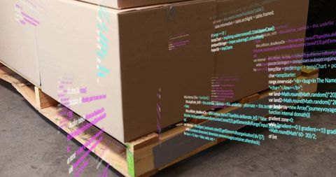 Smart Packaging Concept: Corrugated Boxes on Pallet with Neon Code Overlay for Logistics Tech