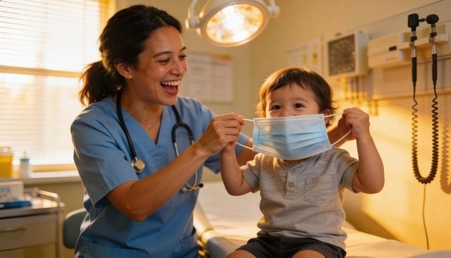 Smiling nurse putting mask on cheerful toddler during friendly pediatric clinic visit