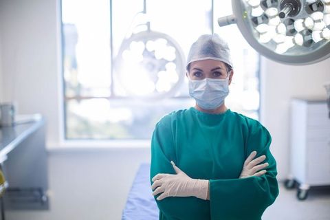 Female Surgeon in Operating Room with Surgical Lighting