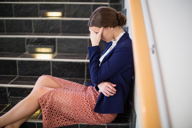 Young businesswoman in professional attire sitting on staircase, holding head in hands, appearing stressed and worried. Suitable for illustrating workplace stress, mental health issues in corporate environments, or emotional challenges faced by professionals.