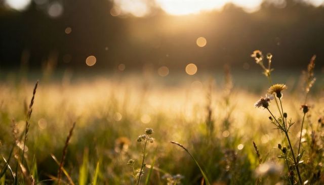 Wildflowers and grasses glowing in golden hour meadow with bokeh, dew and backlit sparkles