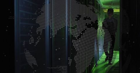 Business Professional Navigating Secure Server Room with Global Network Overlay - Download Free Stock Images Pikwizard.com