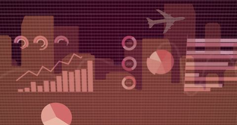 Digital financial data with urban cityscape and airplane overlay