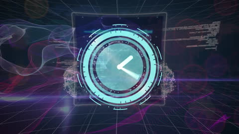 Futuristic Neon Clock with Digital Waves and Data