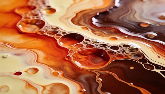 Swirling orange-brown oil droplets creating marbled cells and glossy bubbles