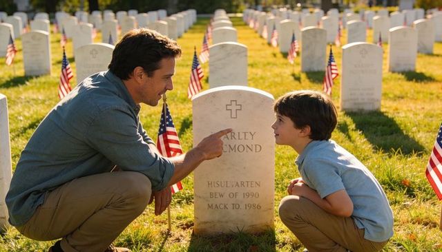 Father pointing at headstone while son listening at veteran cemetery with american flags