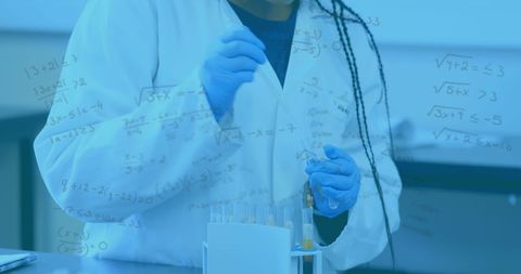 Lab scientist conducting experiments amid floating mathematical formulas