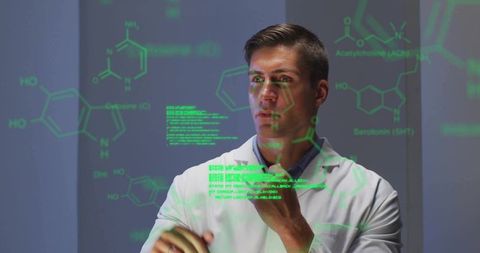 Scientist interacting with digital molecular diagrams in lab