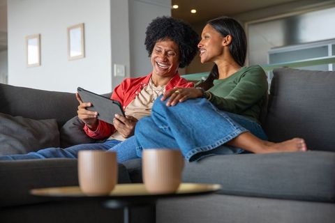 Happy couple relaxing on sofa with tablet in modern living room