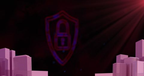 Cybersecurity Concept with Padlock Shield Over Cityscape