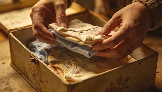 Hands arranging vintage baby clothes in floral keepsake box on wooden table