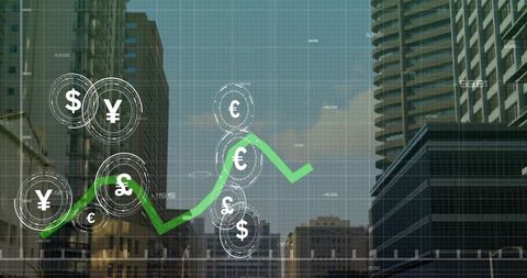 Green ascending currency graph climbing over urban skyline signaling global market growth