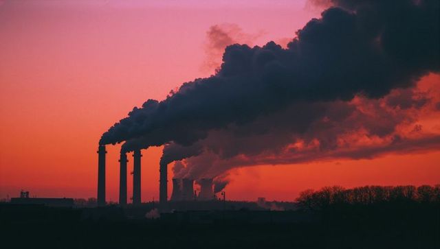 Industrial Smokestacks Emitting Smoke at Sunset with Decreasing Silhouettes