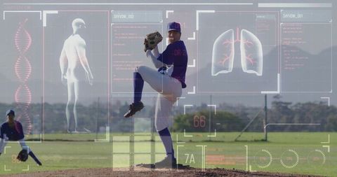 Baseball pitcher with digital hud overlay analyzing performance technology
