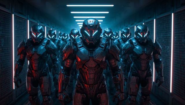 Futuristic Armored Soldiers Marching in Sci-Fi Corridor with LED Visors