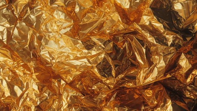 Shimmering gold foil with crumpled texture highlighting reflective luxury