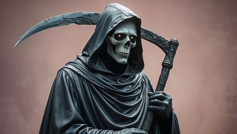 Eerie hooded grim reaper holding scythe in dark cloak