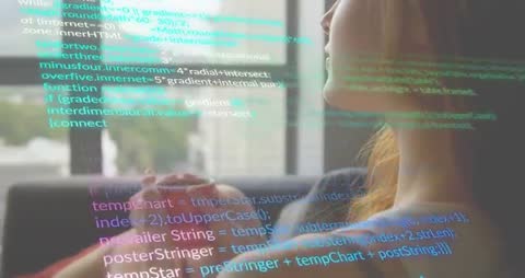 Woman Contemplating Future as Code Streams Along Her Vision