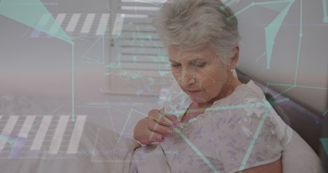 Elderly woman in bed checking health stats with a wearable device, modern technology visualization overlay depicting smart technology and digital health monitoring. Ideal for use in healthcare, eldercare tech, digital health solutions, and wellness platforms.