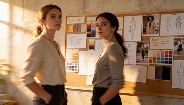 Two fashion designers collaborating over mood board in sunlit studio planning collection