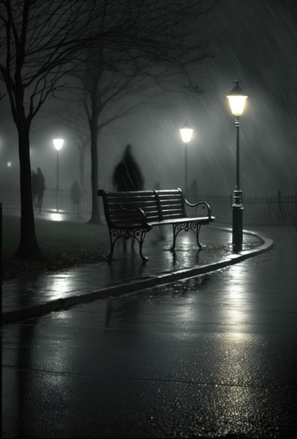 Bench in park by street lamp on dark misty rainy night, created using generative ai technology - Download Free Stock Photos Pikwizard.com