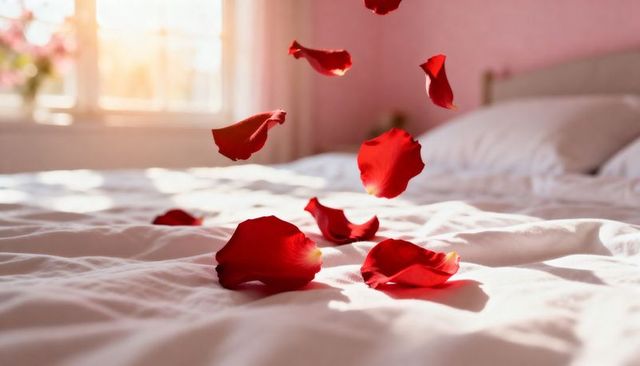 Sunlit Red Rose Petals Drifting Over Rumpled White Sheets in Romantic Bedroom