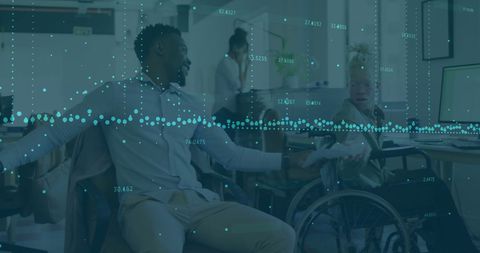 Diverse Team Discussion with Digital Data Visualization Overlay