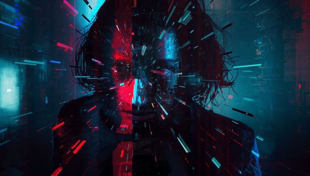 Cyberpunk Woman with Neon Shards in Futuristic Digital Tunnel