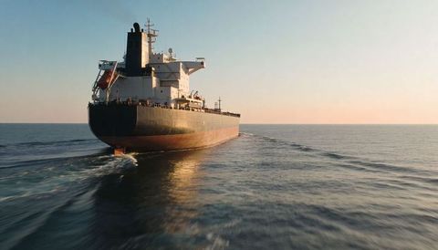 Bulk carrier cutting calm ocean at golden hour showing lifeboat, bridge, antennae and wake