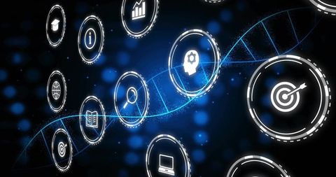 Futuristic DNA Strand with Education and Technology Icons