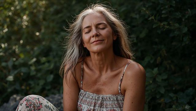 Serene senior woman relaxing with closed eyes in sunlit garden wearing floral sundress