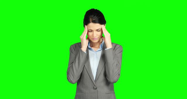 A young Caucasian businesswoman appears stressed or with a headache, standing against a green screen background, with copy space. Her expression and body language suggest she is dealing with a challenging situation or discomfort.