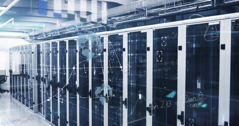 High-Tech Server Room with Data Processing Graphics
