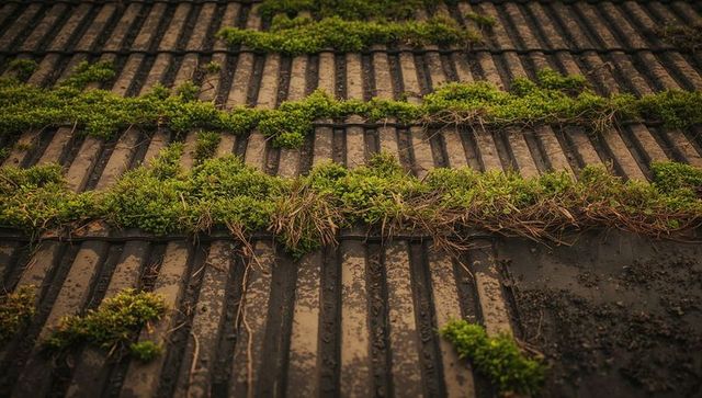 Weathered Corroded Metal Roof with Lush Moss Growth