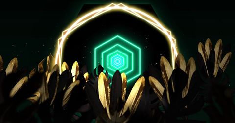 Futuristic Geometric Neon Shapes with Glowing Floral Patterns