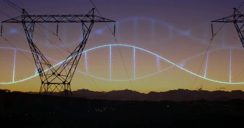 Glowing dna helix overlaying high-voltage pylon at dusk energy technology concept