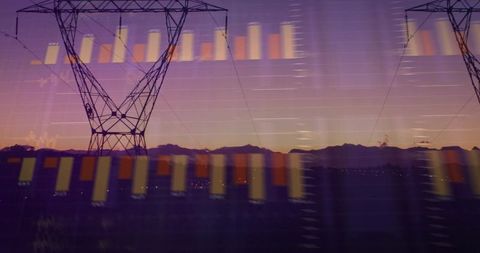 Power Transmission Tower Silhouetting at Dusk with Digital Bar Chart Overlay