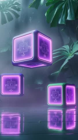 Vertical Video: Futuristic Neon Cubes Hovering Over Misty Pond at Dawn — Ambient Tech Loop