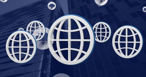 Digital Globe with Tech Icons Overlay on Modern Building - Download Free Stock Images Pikwizard.com