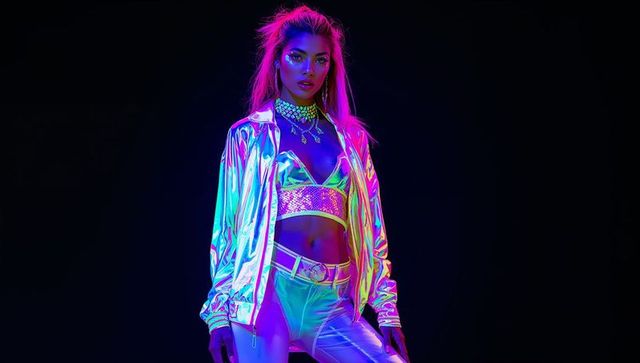 Futuristic fashion model wearing neon holographic outfit in studio