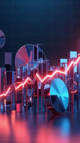 Vertical neon data waveform materializing across chrome bars and discs for analytics