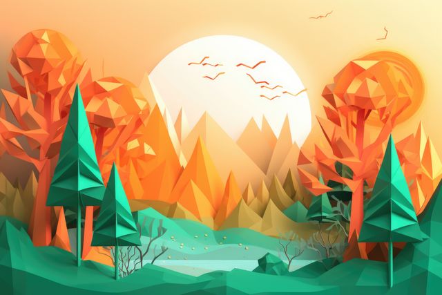 Origami landscape with trees, birds and sun, created using generative ai technology. Orgiami art, scenery, nature and pattern concept digitally generated image.