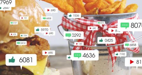 Cheeseburger and fries generating social buzz with like, comment, play count overlays