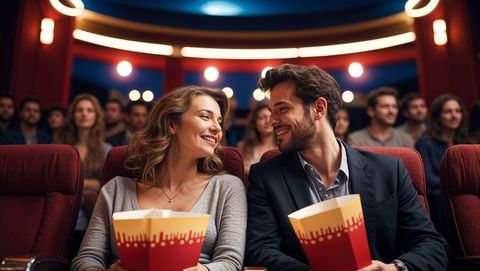 Lovers enjoying movie at cinema with popcorn